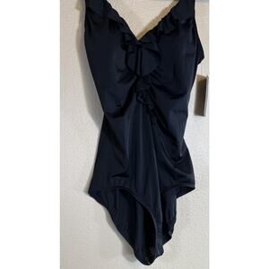 NWT Jantzen Classics Plus Size 16 One-Piece Swimsuit Black Ruffle Neckline